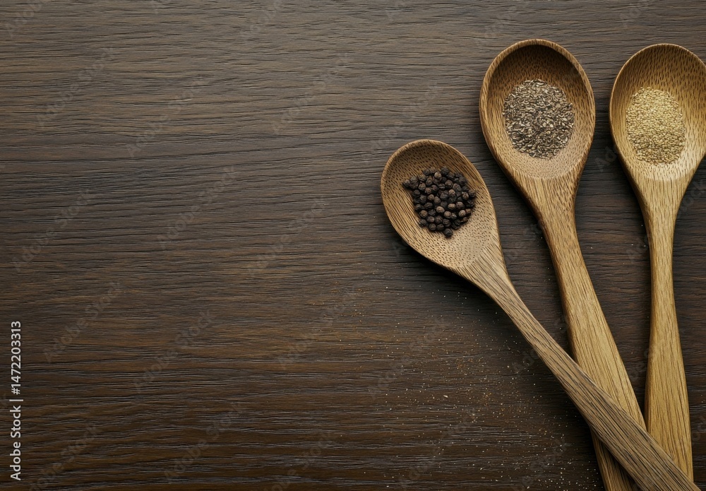 Poster three wooden spoons filled with various spices rest on a dark brown wood surface, offering a culinar