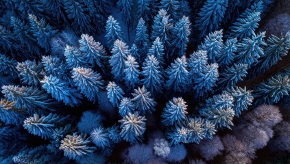 Aerial view of a winter forest, showcasing snow-covered evergreen trees from above, creating a stunning blue and white pattern. : Generative AI