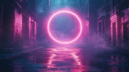 Obraz premium Neon circle glows in a rain-slicked alleyway