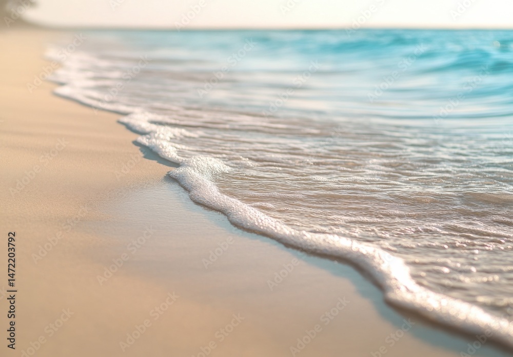 Poster soft ocean wave gently lapping on a pristine sandy beach at sunrise, creating a tranquil and peacefu