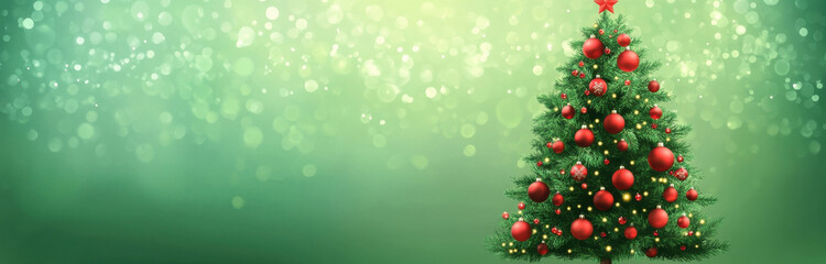 A beautifully decorated Christmas tree stands against a soft green bokeh background, perfect for holiday cards or festive designs. : Generative AI