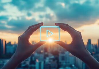 Woman's hands hold a glowing play button icon against a vibrant sunset cityscape backdrop, symbolizing online video content and digital media. : Generative AI