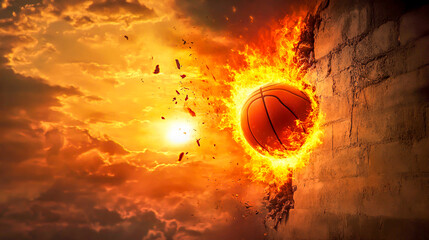 Basketball Crashing into Wall During Vibrant Fiery Sunset Scene