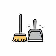 A line drawing of a broom and dustpan, with sparkle icons around them.
