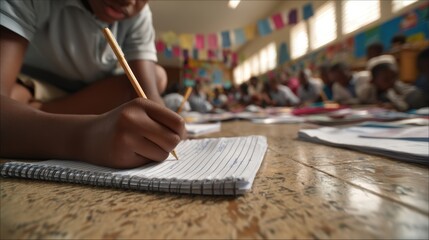 Obraz premium Learning poverty. Child writing in a classroom filled with students and colorful decorations.