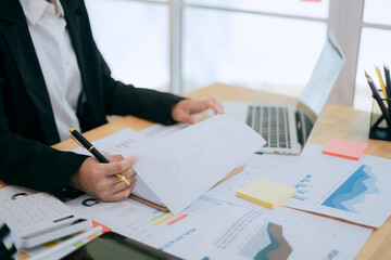 The concept of leadership of modern women. Business women are talking on video call and explaining.