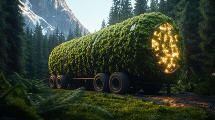 Eco friendly future concept with green moss covered transport truck in forest mountain environment.