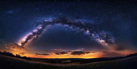 Fototapeta premium Majestic Milky Way arching over a tranquil landscape at sunset, stars glittering in the night sky above a field of wildflowers and distant mountains. : Generative AI