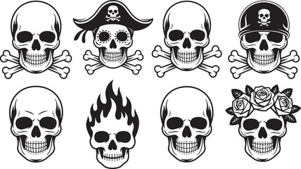 Collection of stylized skull designs with pirate hat flame roses and crossbones illustrations