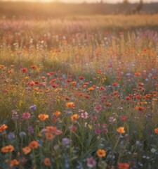 Fototapeta premium Blurred impressionistic field of wildflowers in sunset hues , lovely, pastel