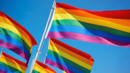 Vibrant rainbow flags fluttering, colorful pride celebration symbolizing love and acceptance, set against a clear blue sky.