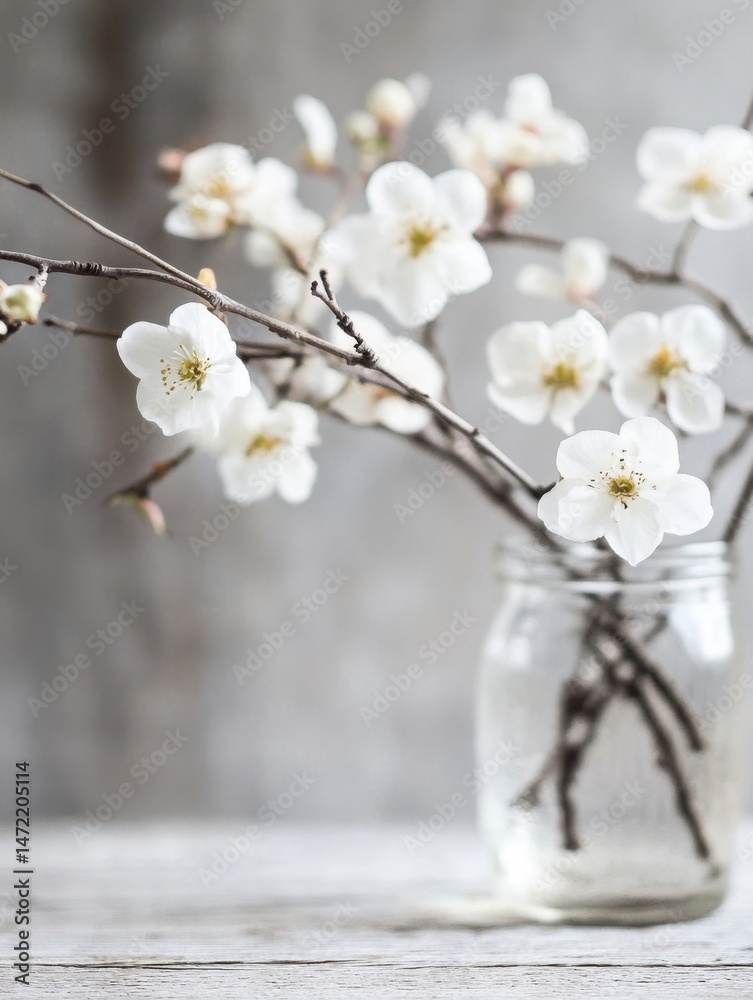 Poster delicate white blossoms arranged in a clear glass jar on a rustic wooden surface, creating a serene 