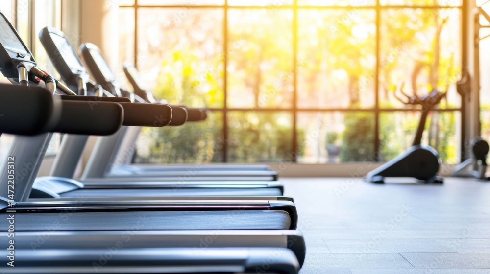 Aufkleber row of modern treadmills in a bright fitness center, sunlight streaming through large windows, creat