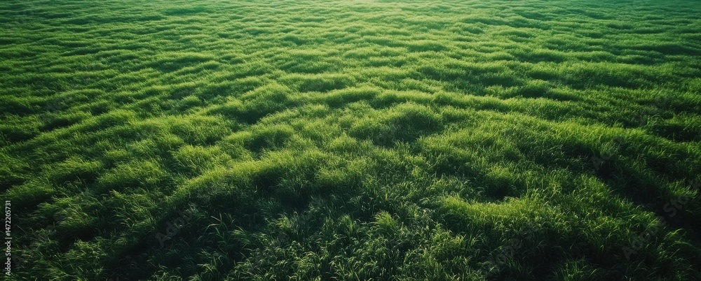 Poster aerial view of a lush green field, showing the texture and pattern of the grass blades under sunligh