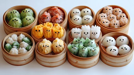 Obraz premium Assorted colorful dumplings in bamboo steamers.