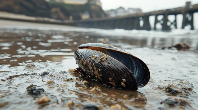Close-up view of a mussel shell on wet shoreline.