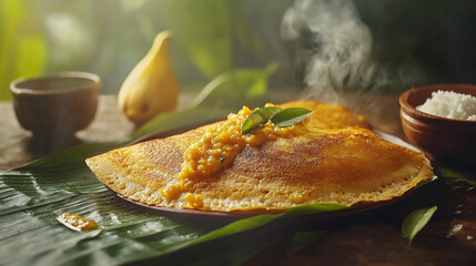 Medium shot of a dosa being served with coconut chutney and sambar on a banana leaf