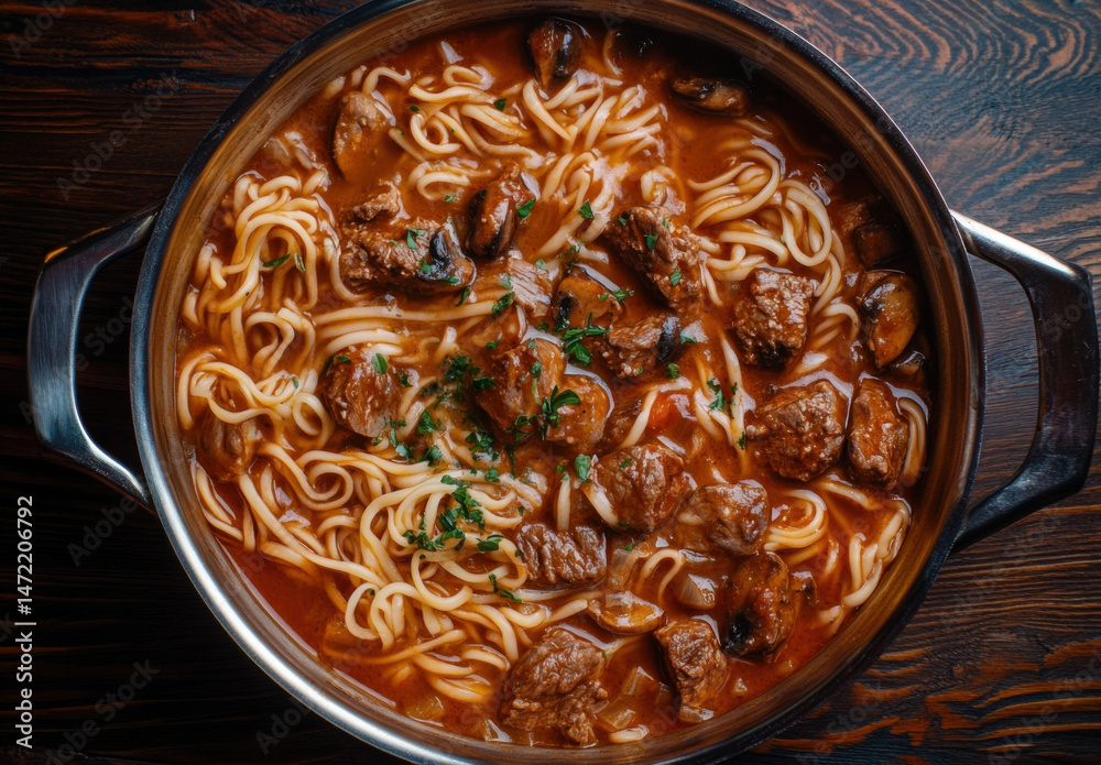 Poster aromatic beef stew with egg noodles and mushrooms, simmered in a rich tomato sauce, served in a rust
