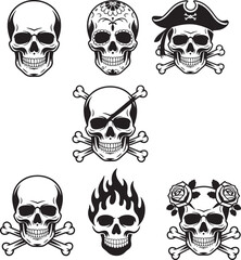Various skull illustrations in different styles for halloween decorations and design elements