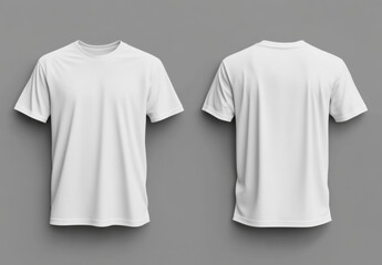 Front and back view of a plain white cotton t-shirt, ideal for apparel design mockups or branding presentations.  The shirt is shown on a neutral grey background. : Generative AI