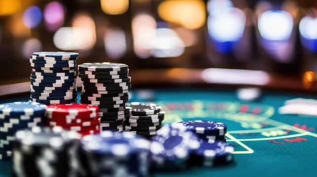 Close-up of stacks of casino poker chips on a green felt table, blurred background showing casino lights. : Generative AI