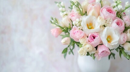 Elegant bouquet of pink and white flowers in a white vase, soft pastel colors, romantic floral arrangement, perfect for wedding or anniversary. : Generative AI