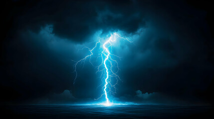 Fototapeta premium A vibrant blue lightning bolt dramatically strikes a dark, stormy sea