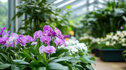 Vibrant purple orchids bloom profusely in a lush greenhouse setting, surrounded by other tropical plants and flowers. : Generative AI