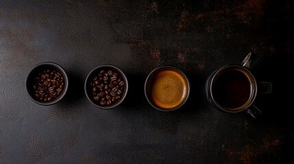 Coffee Beans, Grounds, and Espresso on Dark Surface