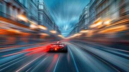Racing car speed through city streets nighttime