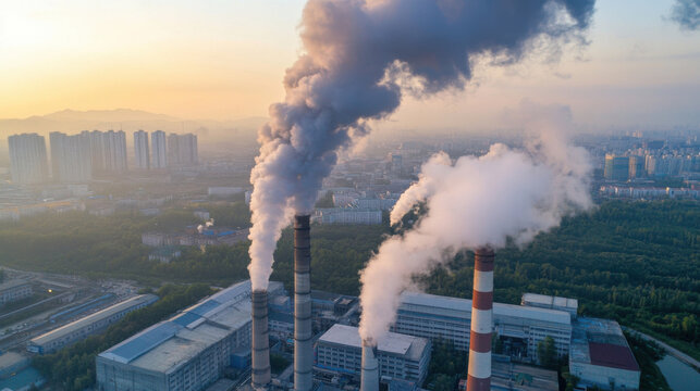 Aerial view of industrial smoke stacks emitting plumes of pollution over a sprawling city at sunrise, showcasing the contrast between urban development and environmental impact. : Generative AI