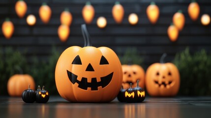 Illuminated pumpkins and st lights create a spooky Halloween display on a dark background outdoors.