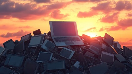 Electronic waste pile at sunset.  A large heap of discarded laptops and tablets, with a single laptop atop, sits against a dramatic sunset