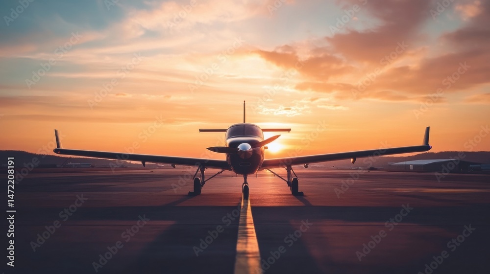 Poster single engine propeller airplane on runway at sunset, front view, golden hour light illuminating the