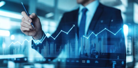 Businessman analyzes upward trending financial graphs, showcasing growth and success in a modern office setting. : Generative AI
