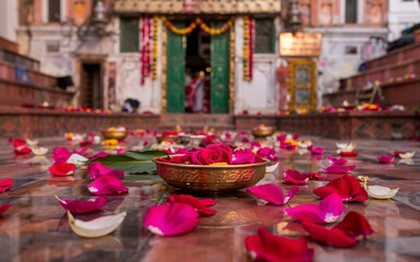 Fototapeta premium Spring, Varanasi, Uttar Pradesh ,India, Indian temple ceremony with rose petals