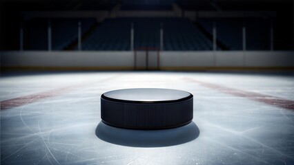 Close-up shot of a hockey puck landing on the ice in an arena, dramatic atmosphere