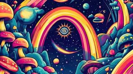 Fototapeta premium Rainbow mushrooms space fantasy illustration