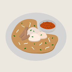 Crispy oyster omelette with bean sprout, green onion, and mushrooms served on plate with spicy dipping sauce, traditional Asian street food, delicious and savory