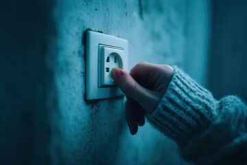 A person is plugging in a device into a wall outlet