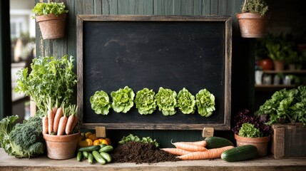 A chalkboard surrounded by fresh vegetables and herbs adorns a rustic wooden background in a garden setting.