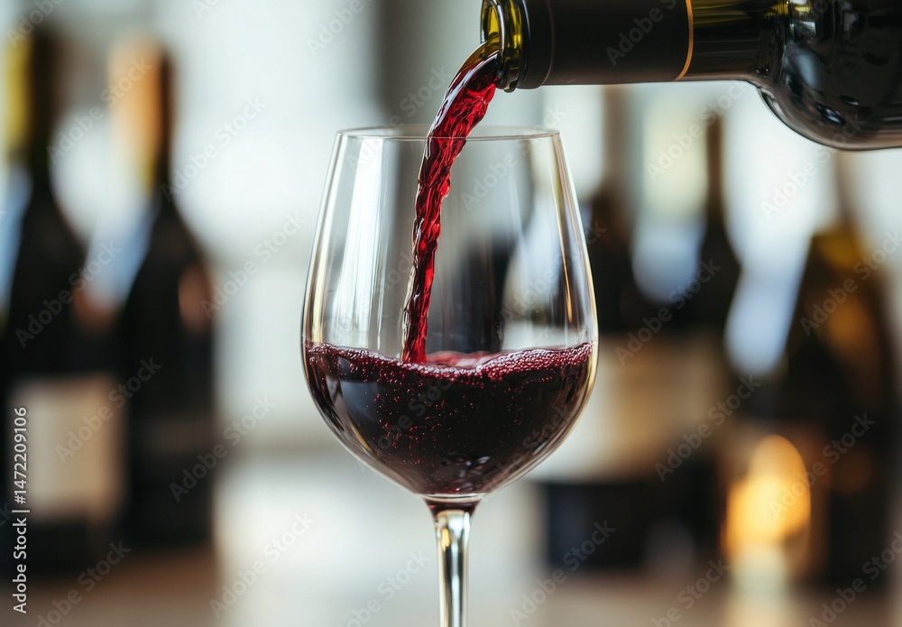 Aufkleber red wine pouring into a crystal glass, several blurred bottles in the background, creating a sophist
