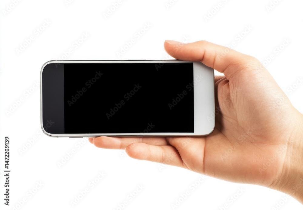 Leinwandbilder a hand holds a silver smartphone with a blank black screen, showcasing a modern mobile device ready 