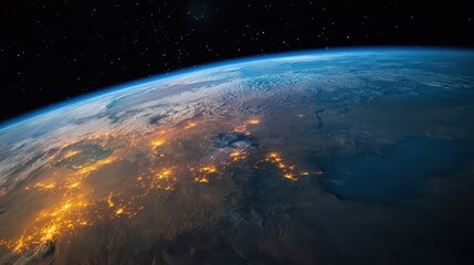 Stunning Night View of Earth from Space Showing City Lights and Starry Sky
