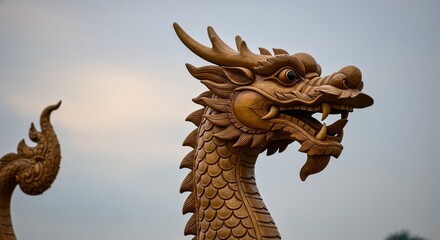 Golden dragon sculpture against cloudy sky  