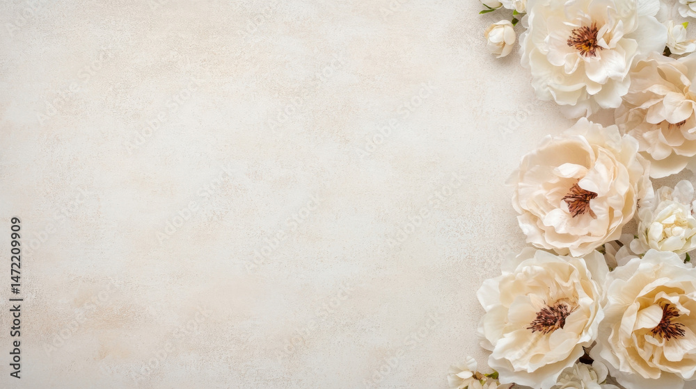 Poster Elegant cream peonies arranged on a textured beige background, creating a delicate and romantic floral border with copy space. : Generative AI