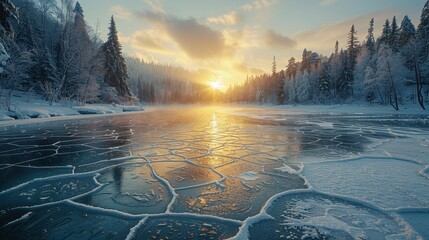 Stunning Winter Sunset Over a Frozen Lake in a Snow Covered Forest