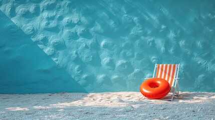 Summer Beach Scene with Orange Inflatable Ring and Striped Chair