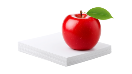 Fresh red apple with green leaf on stack of white paper