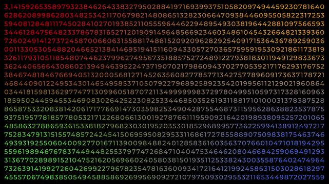 Abstract animated visualization of the Pi, &pi;, digits being decoded from number wiggling, shifting revealing the infinite sequence of Pi digits, transparent background with alpha channel, color version